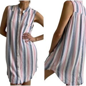 Cloth & Stone Linen Blend Striped Sleeveless Shirt Dress Frayed Hem Size Medium